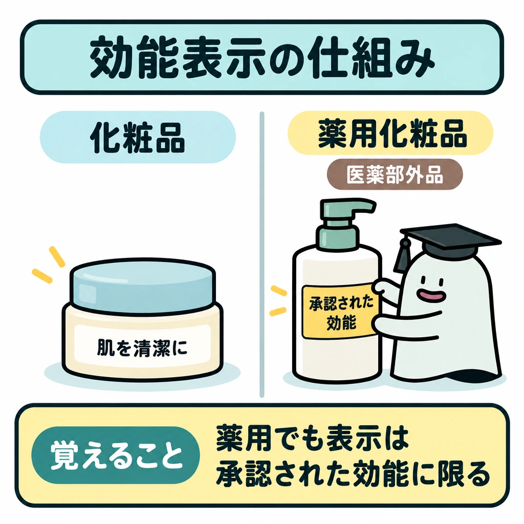 基本の仕組みの図解。中央の縦線で左右を分け、左に化粧品と効能の例、右に薬用化粧品と承認された効能の表示を置く。左右をつなぐ矢印は描かず、優劣や変更の手順に見せない。