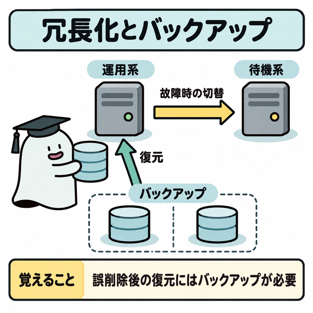 提供範囲と可用性の図解。上段に運用系と待機系を並べ、運用系から待機系へ「故障時の切替」の矢印を引く。下段のバックアップは仕切りで二台と分け、バックアップから運用系へ「復元」の矢印を引く。