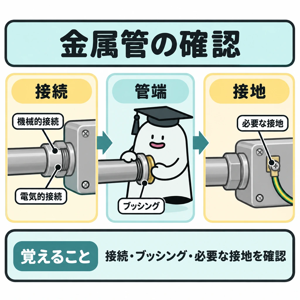 金属管・合成樹脂管の図解。中央に金属管とボックスの接続部を一つだけ拡大し、左から右へ「接続→管端→接地」の順に確認箇所を配置する。接続部には機械的・電気的接続、管端にはブッシングを示し、接地には「必要な」と明記する。