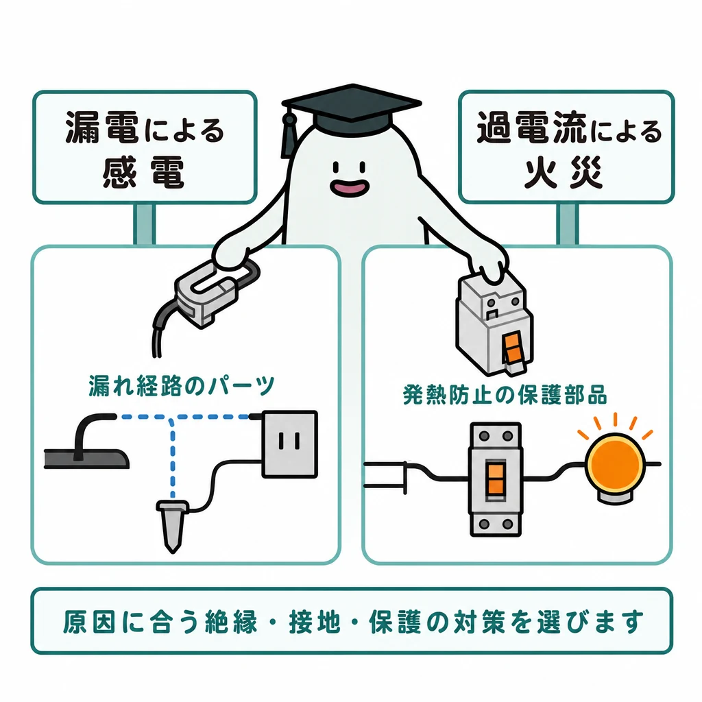 漏電経路と過電流の保護を別々の模型で示し、原因に合う対策をエルくんが組み合わせる図。