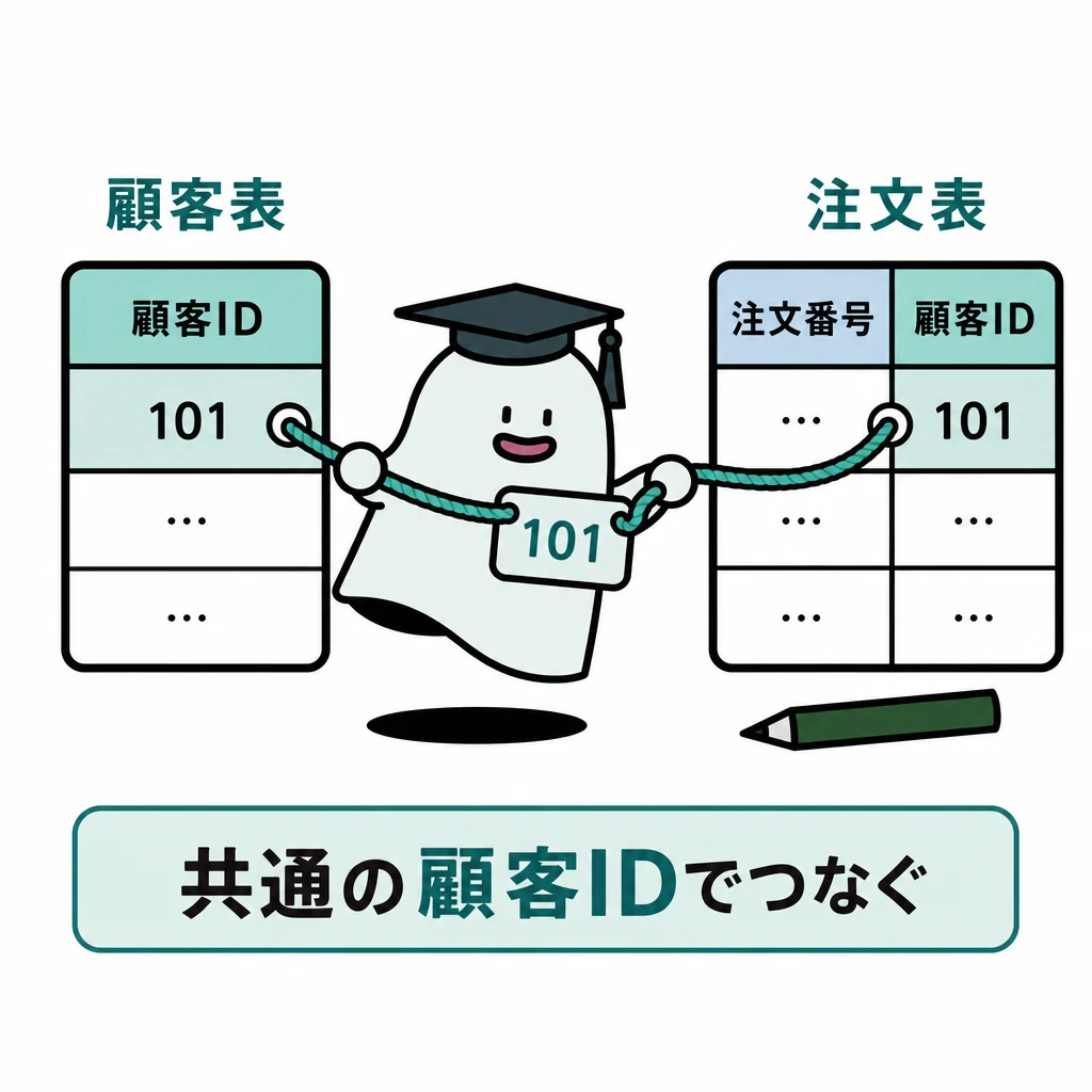 顧客表と注文表の同じ顧客IDを一本の線で対応させた図。
