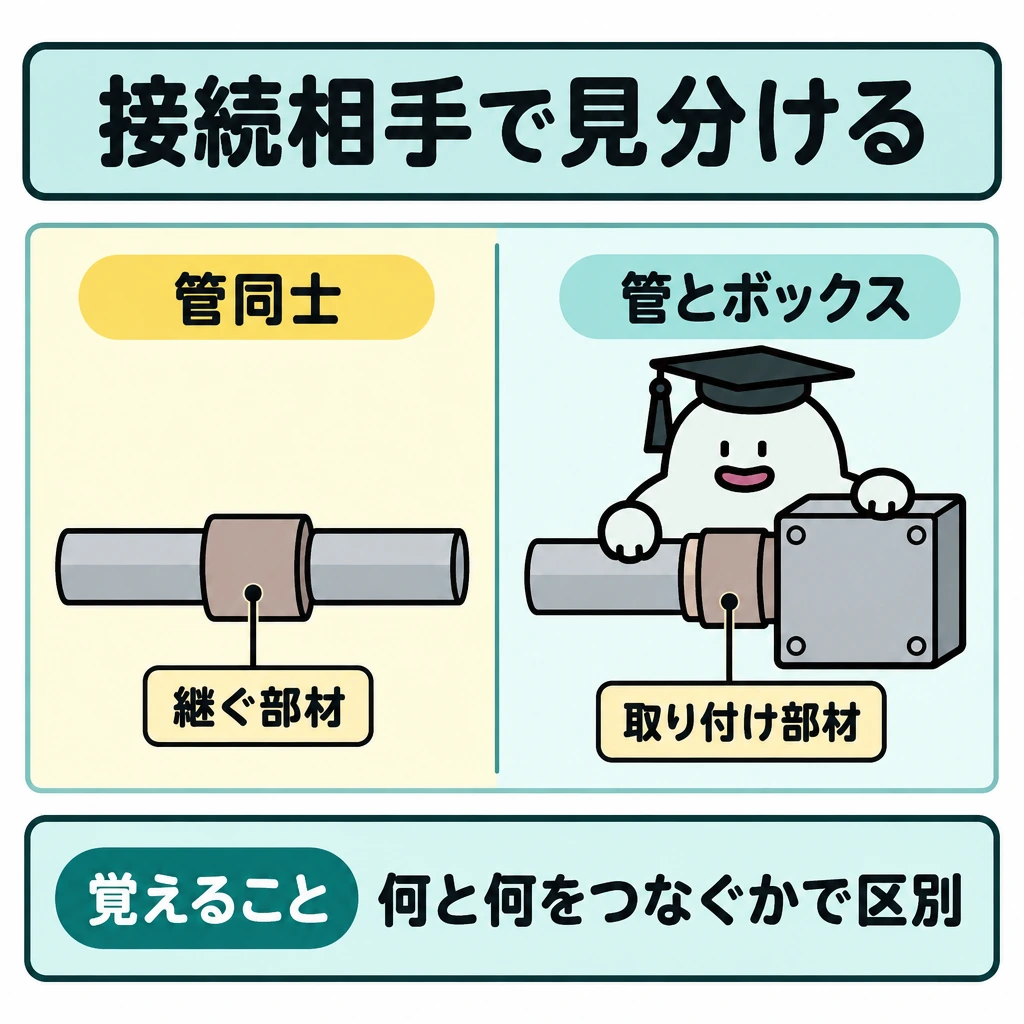 基本の仕組みの図解。中央を縦線で仕切り、左は「管→継ぐ部材←管」、右は「管→取り付け部材←ボックス」を並べる。部材の形ではなく、つなぐ相手の違いが伝わる配置にする。