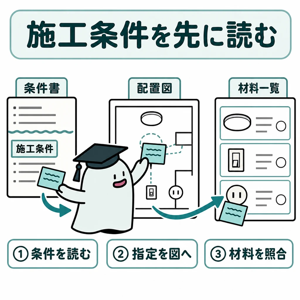 施工条件を先に読む。左に問題の条件書、中央に指定箇所を囲んだ配置図、右に必要な材料カード。
