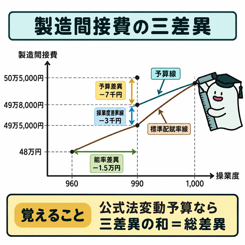 製造間接費の差異(予算・能率・操業度)の図解。中央に横軸を操業度、縦軸を製造間接費とするグラフを置き、960・990・1,000時間の位置を示す。990時間では実際発生額50万5,000円から予算線49万8,000円までを予算差異、予算線から標準配賦率線49万5,000円までを操業度差異、標準配賦率線上の990時間から960時間(48万円)までを能率差異として矢印で結び、2本の線は1,000時間で交わらせる。
