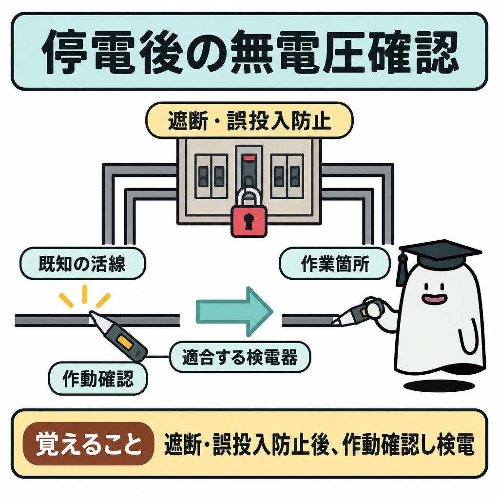 停電の操作と無電圧の確認の図解。上部に対象回路の遮断・誤投入防止、左に既知の活線、右に作業箇所を配置する。左から右への矢印で、適合する検電器の作動を先に確かめ、次に作業箇所で検電する順序を示す。