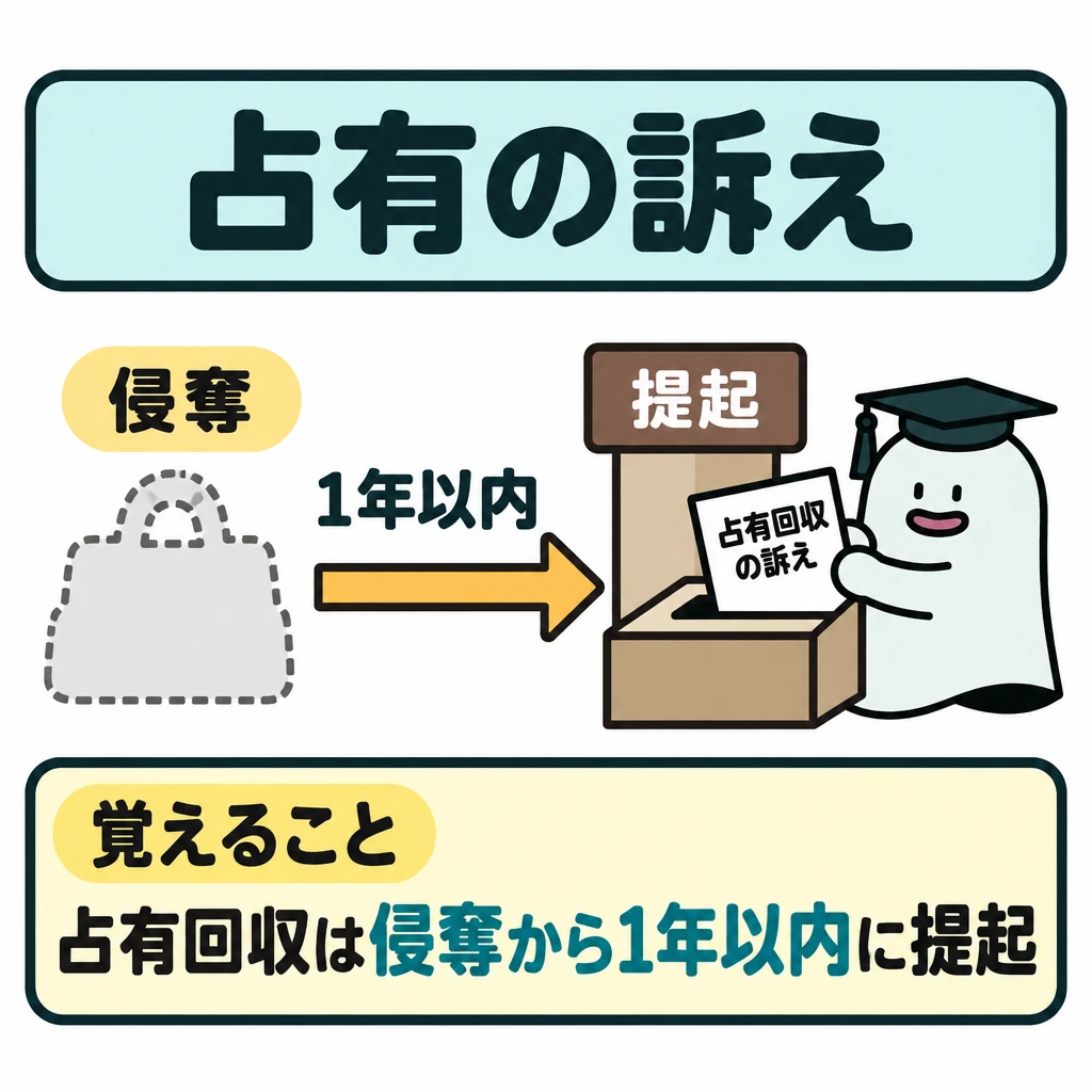 占有・相隣関係・用益物権の図解。左に奪われた物の空白シルエットと「侵奪」、右に訴えの提出口を置き、左から右へ「1年以内」と書いた矢印で結ぶ。エルくんは右端に1体だけ配置する。