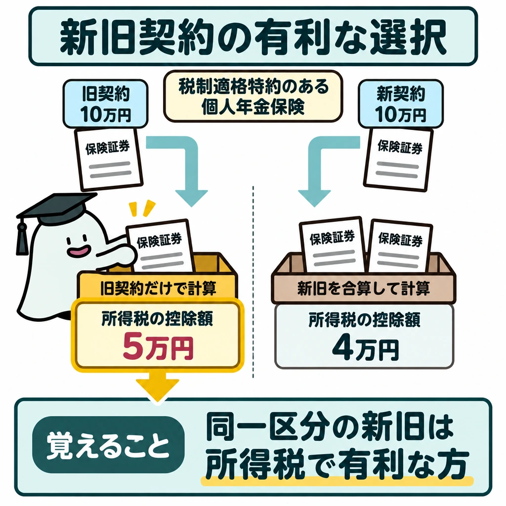生命保険料控除と地震保険料控除の図解。税制適格特約のある個人年金保険について、上部の旧契約・新契約(各保険料10万円)から矢印を分け、縦仕切りの左に「旧契約だけで計算:所得税の控除額5万円」、右に「新旧を合算して計算:所得税の控除額4万円」を置く。左の5万円を太枠で強調し、下部の結論へ矢印をつなぐ。