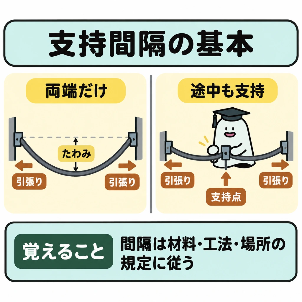 基本の仕組みの図解。中央の仕切りを挟み、同じ長さの水平ケーブルを左右に並べる。左は両端だけで支えてたわみを大きめに、右は途中にも支持点を設けて描き、支持の違いによってたわみや引張りの負担が変わることを示す。