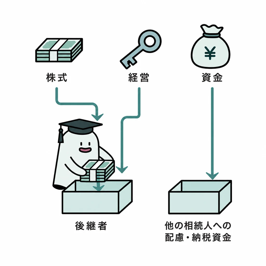 エルくんが後継者へ株式を渡し、経営の承継と他の相続人への配慮・納税資金を分けて示す図。