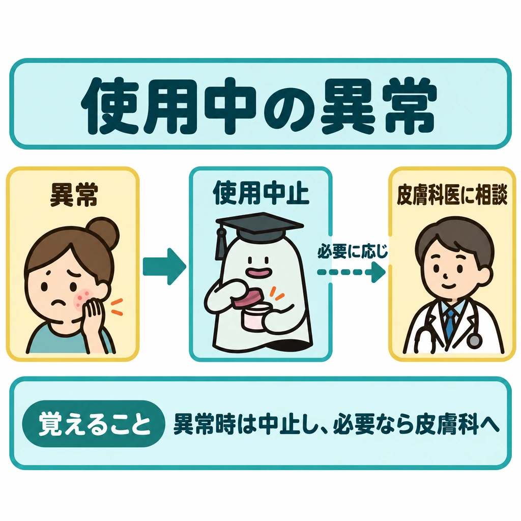 表示・保管・使用中の異常の図解。正方形の中央に化粧品の使用をやめる場面を大きく置き、左の「異常」から中央の「使用中止」へ太い矢印を引く。中央から右の「皮膚科医に相談」へは「必要に応じ」と添えた点線の矢印を引き、必ず相談する手順とは区別する。
