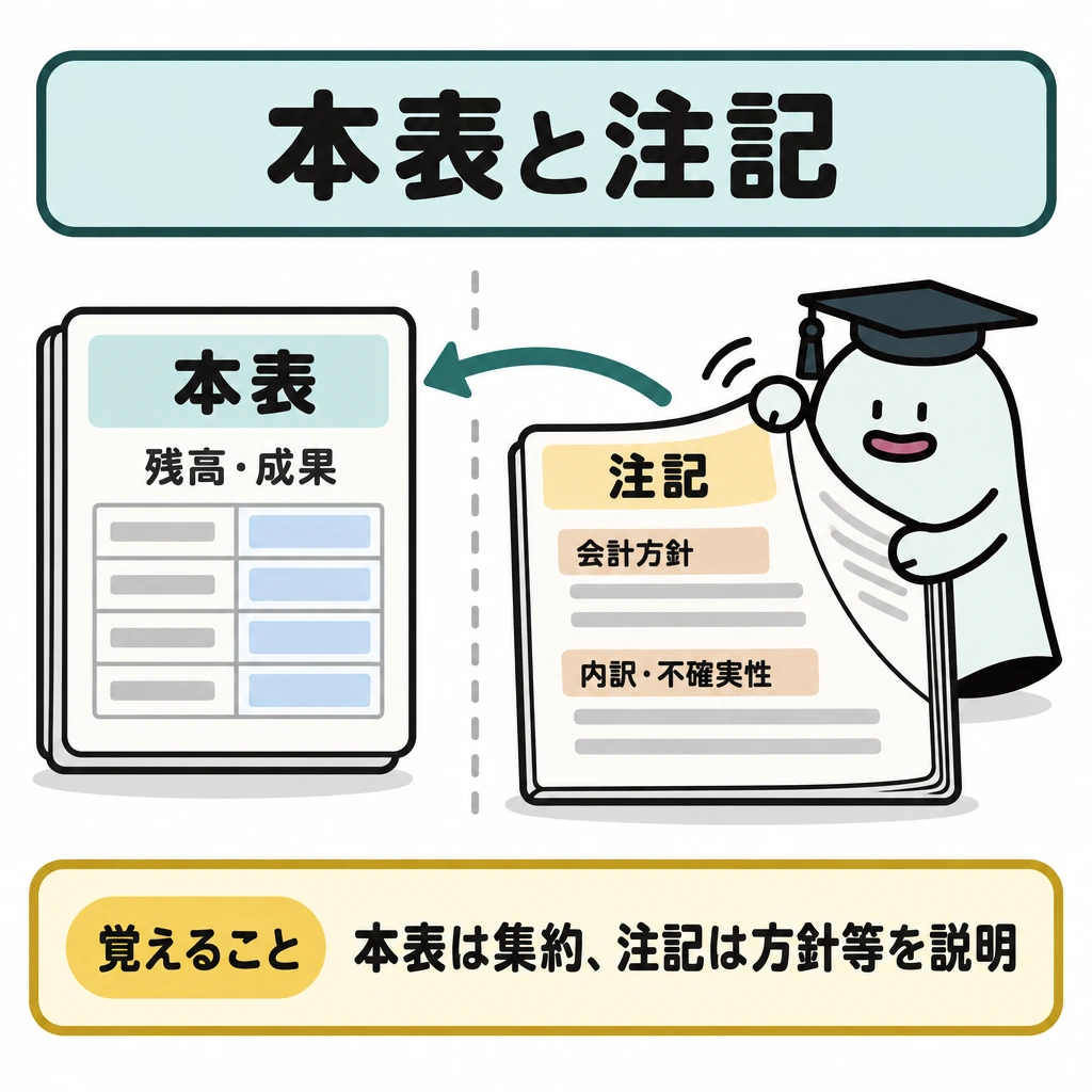 基本の仕組みの図解。左に残高や成果を集約した本表、右に会計方針・内訳・不確実性を説明する注記を並べ、中央に仕切りを置く。注記から本表の数値へ向かう矢印で、数値の背景を読む関係を示す。