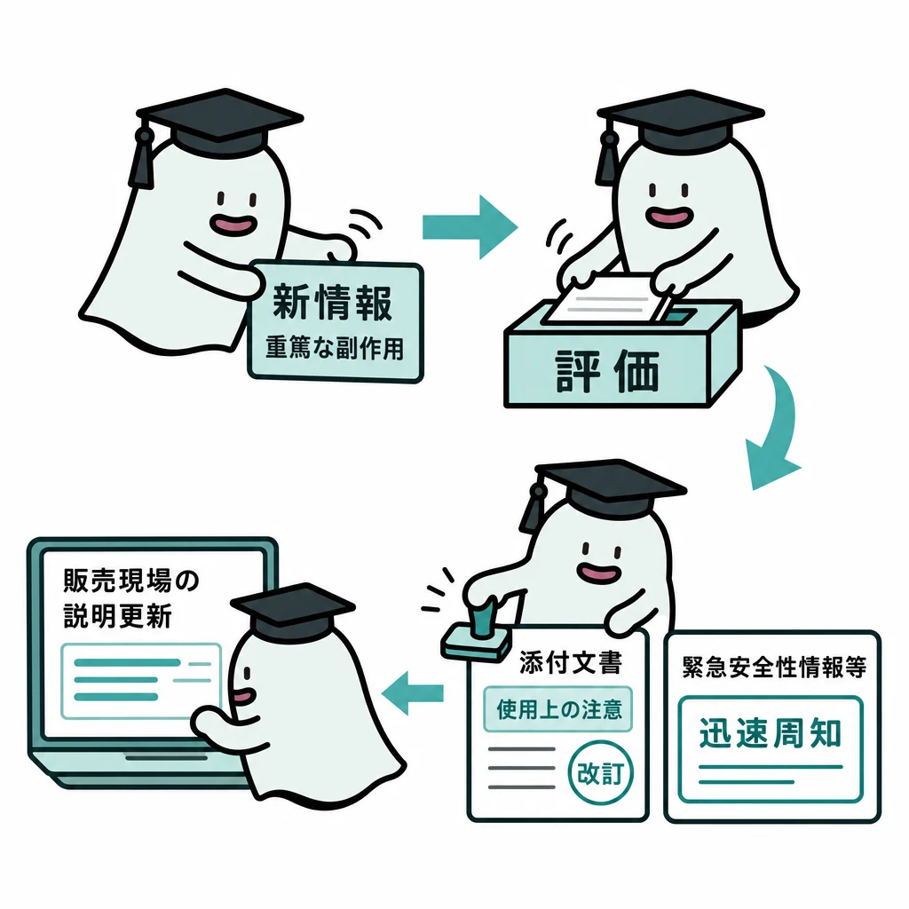 エルくんが説明する図解。新情報→評価→添付文書改訂/迅速周知→販売現場の説明更新。