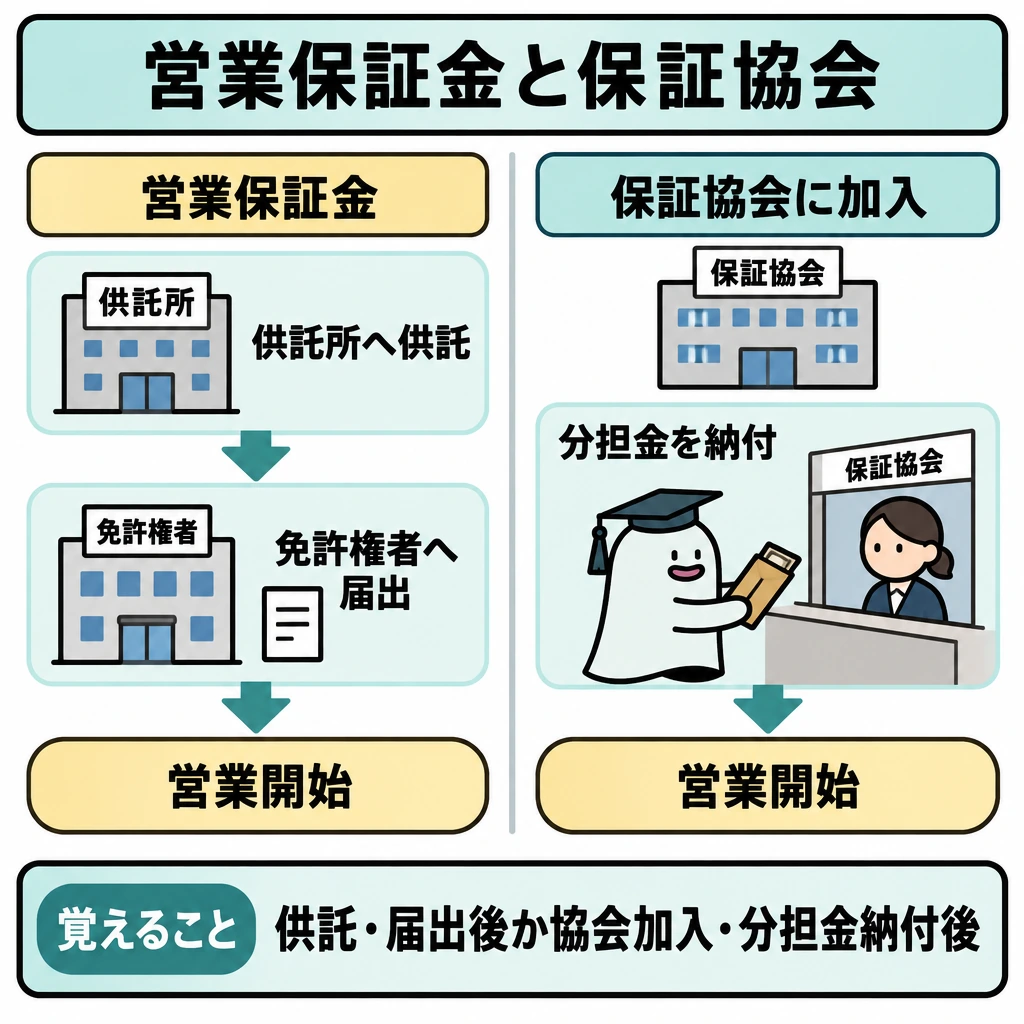 営業保証金と保証協会の図解。中央の仕切りで営業開始までの2つのルートを左右に比較する。左は「供託所へ供託」→「免許権者へ届出」→「営業開始」、右は「保証協会に加入」と「分担金を納付」の両方から「営業開始」へ矢印をつなぐ。