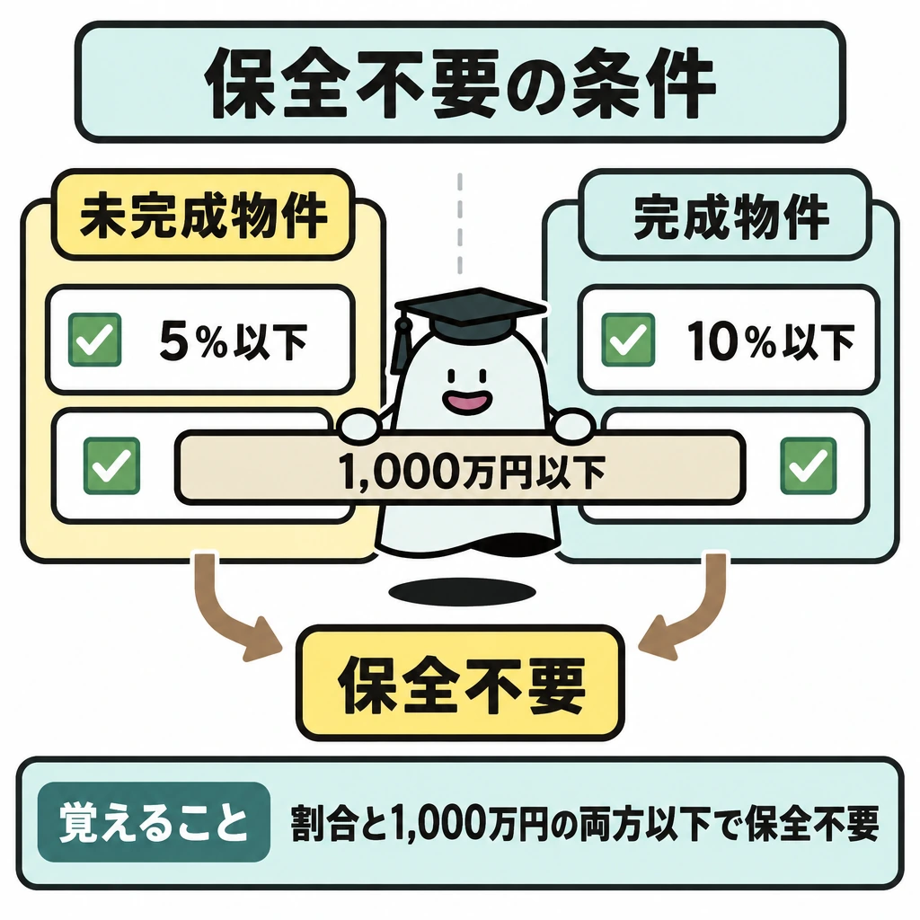 ③損害賠償予定・④手付・⑥手付金等保全の図解。中央で縦に仕切り、左を未完成物件、右を完成物件とする。各側に「割合の上限」と「1,000万円以下」の二つのチェック枠を上下に並べ、両方を満たすときだけ下の「保全不要」へ矢印をつなぐ。