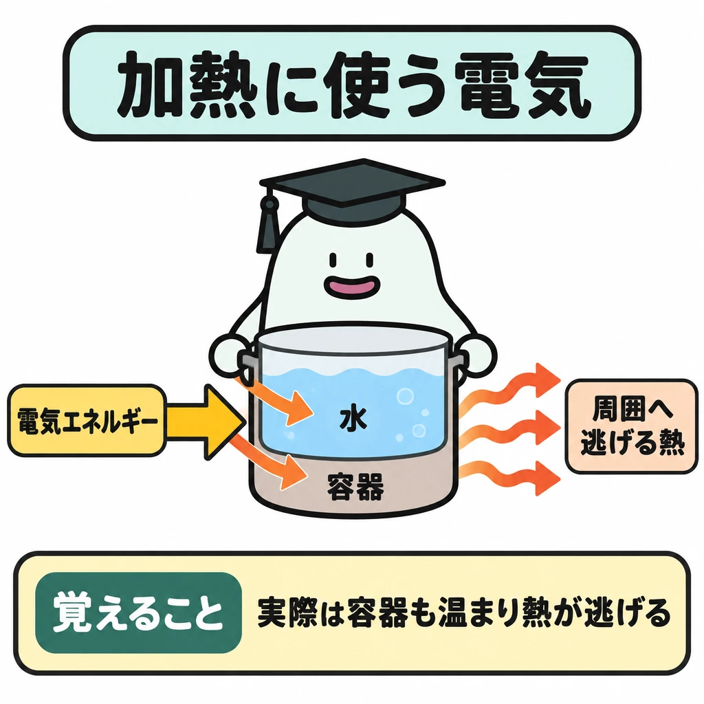 基本の仕組みの図解。中央に水入り容器を大きく描き、左から「電気エネルギー」の矢印を入れる。矢印を水と容器へ分け、さらに容器の外へ「周囲へ逃げる熱」の矢印を出して、実際の加熱では水だけにエネルギーが使われないことを示す。