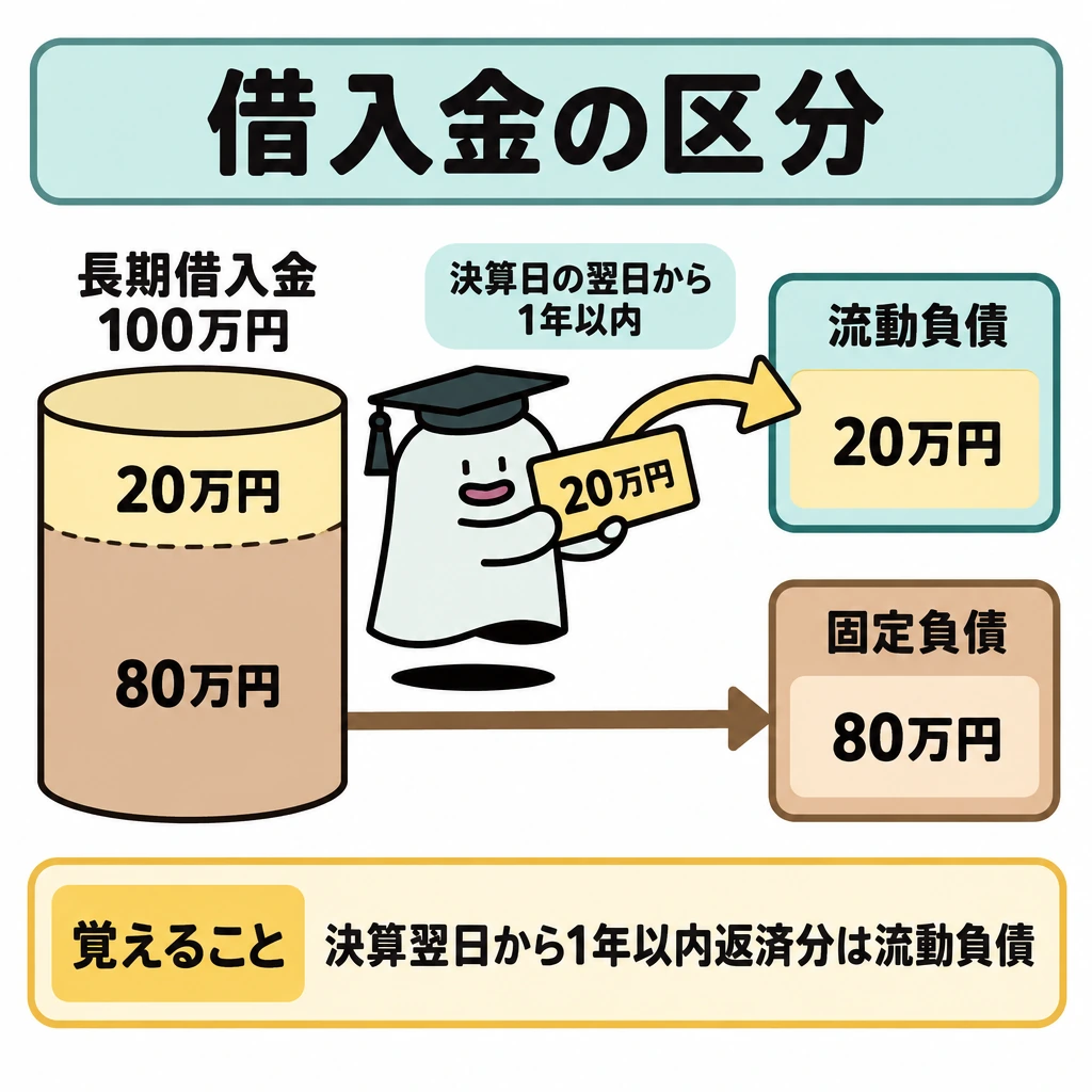 基本の仕組みの図解。左に長期借入金100万円を置き、仕切りで20万円と残り80万円に分ける。決算日の翌日から1年以内に返済する20万円は右上の流動負債へ矢印で移し、残り80万円は右下の固定負債へつなぐ。