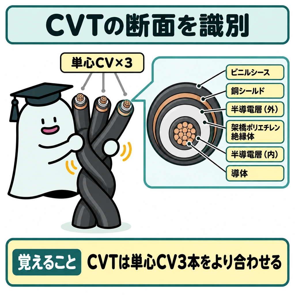 導体・絶縁・遮へいを識別の図解。中央に単心CVケーブル3本をより合わせたCVTを斜めに描き、右上にはその1心の端面を引き出し線で拡大する。高圧用の各心は、中心から導体、内部半導電層、架橋ポリエチレン絶縁体、外部半導電層、銅シールド、ビニルシースの順に同心円で示す。