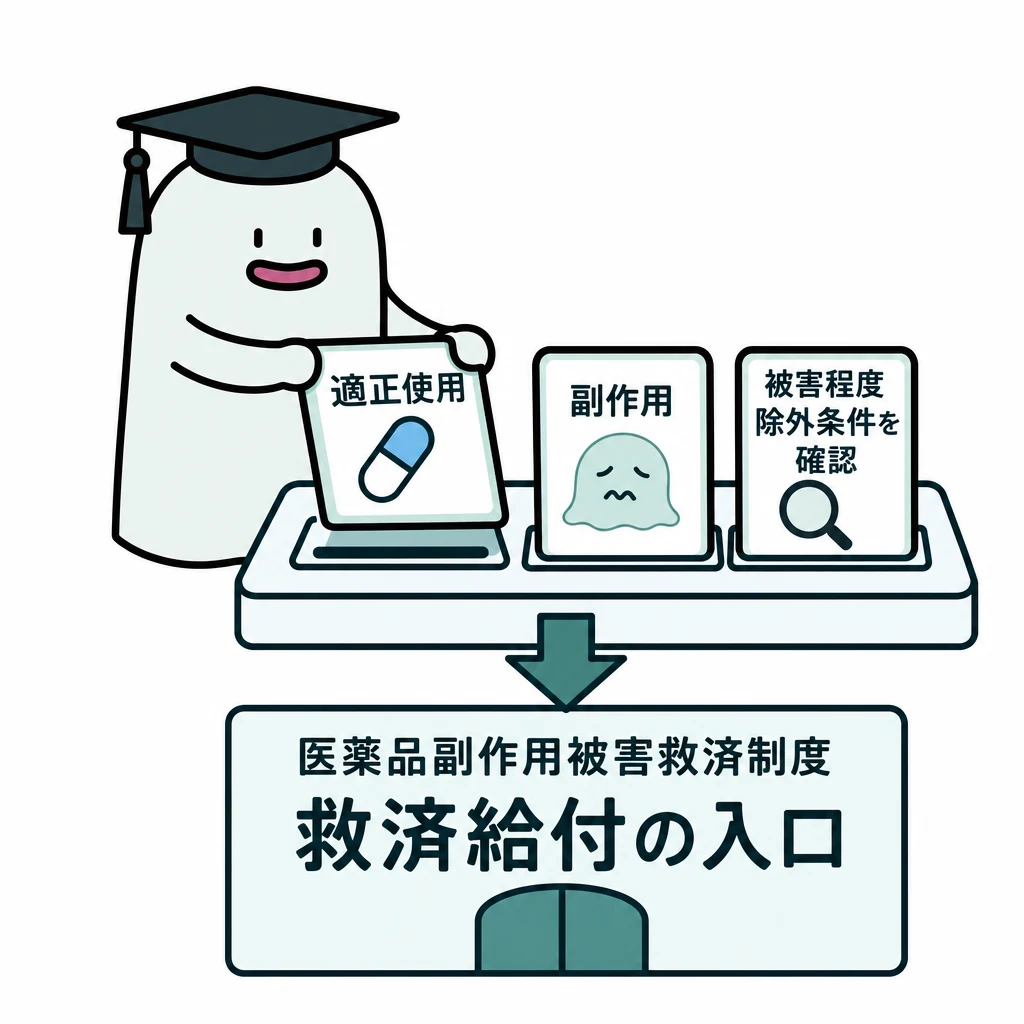 エルくんが説明する図解。適正使用→副作用→被害程度/除外条件を確認→救済給付の入口。
