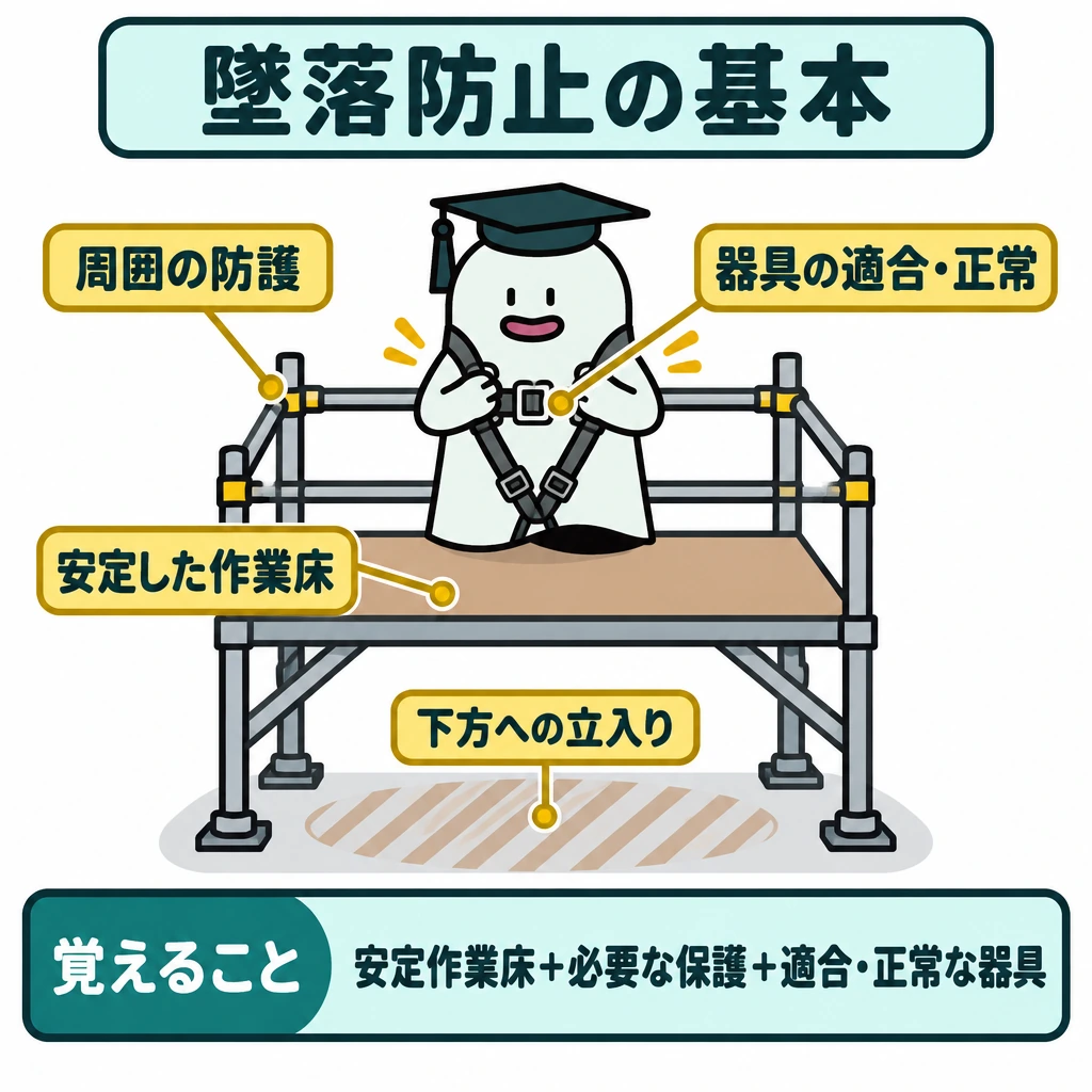 基本の仕組みの図解。中央のエルくんを安定した作業床の上に置き、周囲の防護、使用器具、床の下方をそれぞれ引き出し線で示す。器具には「適合・正常」、下方には「立入り確認」を添え、すべて作業前に確認する関係を示す。
