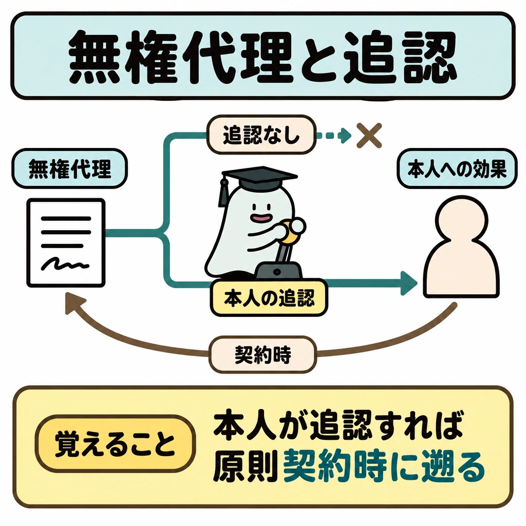 代理と無権代理の図解。左に「無権代理」の契約、右に「本人への効果」を置き、中央で上下に分岐させる。上段は「追認なし」の矢印を本人の手前で止め、下段は「本人の追認」から本人へ矢印を通し、「契約時」へ遡る曲線矢印を添える。