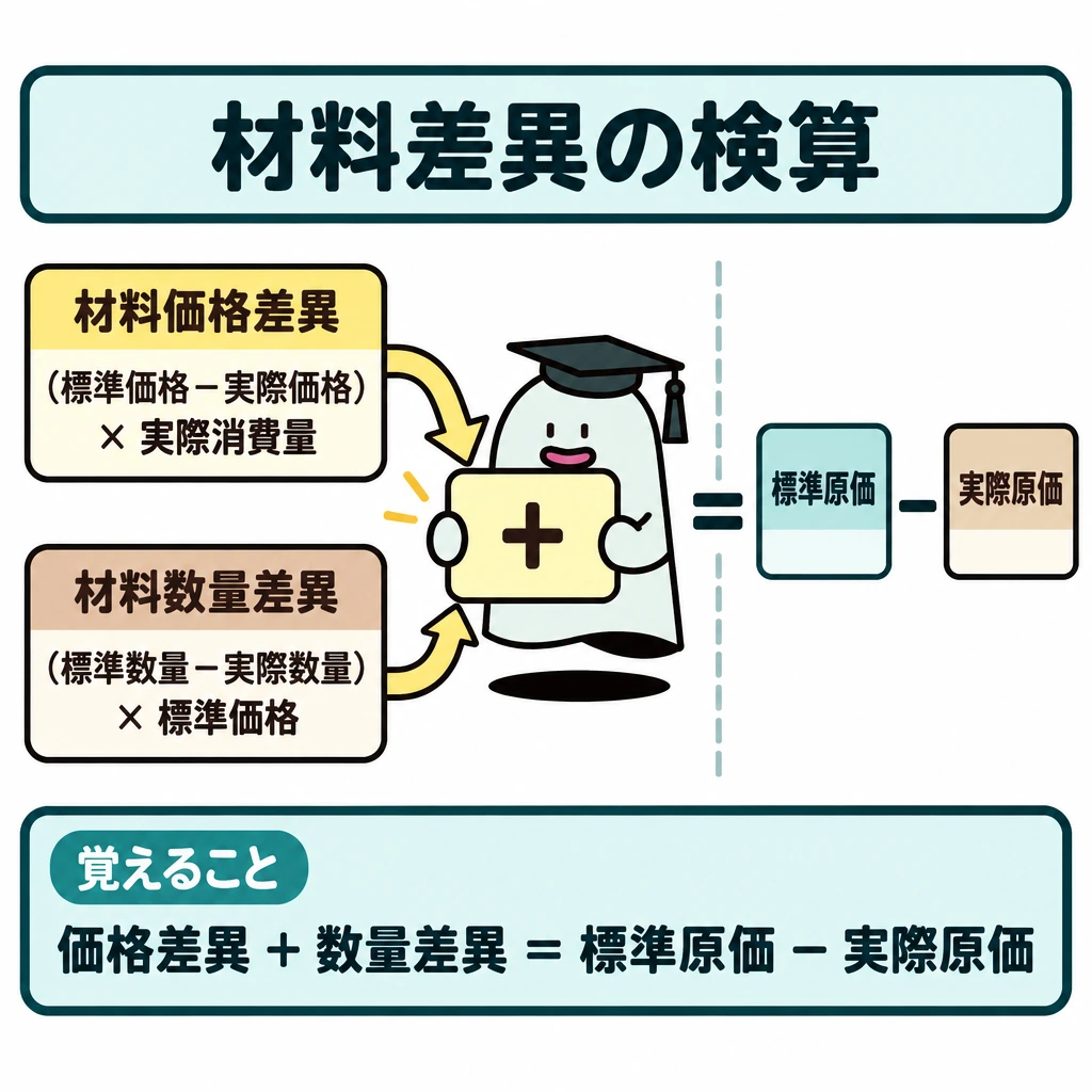 差異の分解と検算の図解。左側に材料価格差異「(標準価格-実際価格)×実際消費量」と材料数量差異「(標準数量-実際数量)×標準価格」を上下に配置し、矢印を中央の「+」へ集める。縦の仕切りを挟んだ右側に「標準原価-実際原価」を置き、「=」で結んで検算を示す。