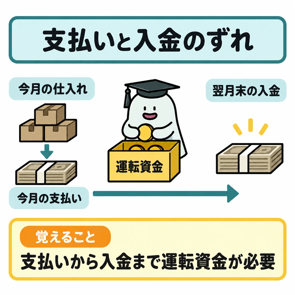 基本の仕組みの図解。左に今月の仕入れと支払い、右に翌月末の販売代金入金を置き、左から右へ時間の矢印を引く。支払いから入金までの間に「運転資金」の箱を配置する。