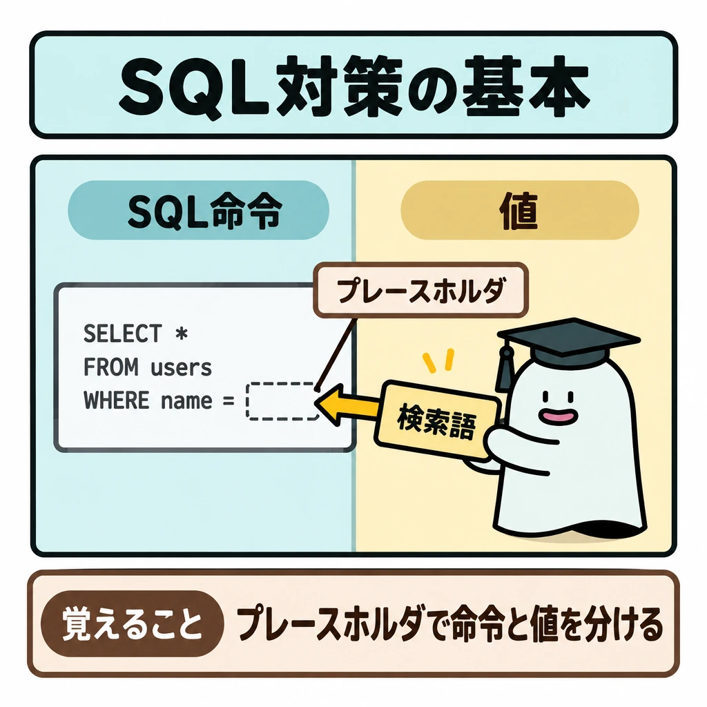 基本の仕組みの図解。正方形の中央に仕切りを置き、左の「SQL命令」と右の「値」を分離する。検索語から値への矢印を描き、値を受け取る場所を「プレースホルダ」と示す。