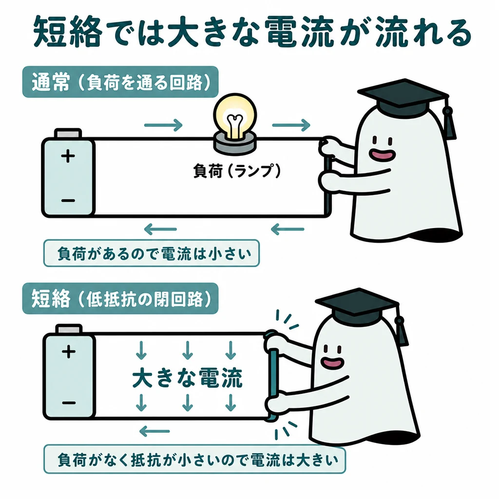 上段は負荷を通る通常回路、下段は低抵抗の短絡回路として、流れる電流の違いを比較する図。