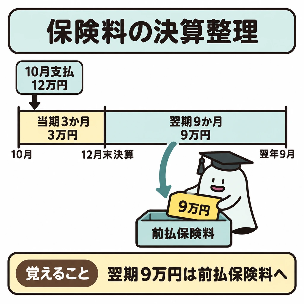 基本の仕組みの図解。中央に10月から翌年9月までの保険期間を左から右へ描き、12月末の縦線で「当期3か月・3万円」と「翌期9か月・9万円」に仕切る。翌期側から下の「前払保険料」枠へ矢印をつなぐ。