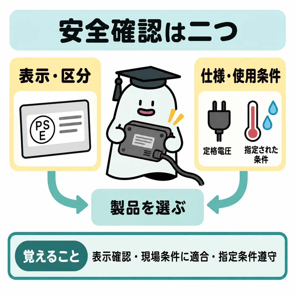 基本の仕組みの図解。中央にコード付き製品を一つ置き、左に「表示・区分」、右に「仕様・使用条件」の確認枠を並べる。二つの枠から下の「製品を選ぶ」へ矢印を合流させ、両方の確認が必要だと示す。