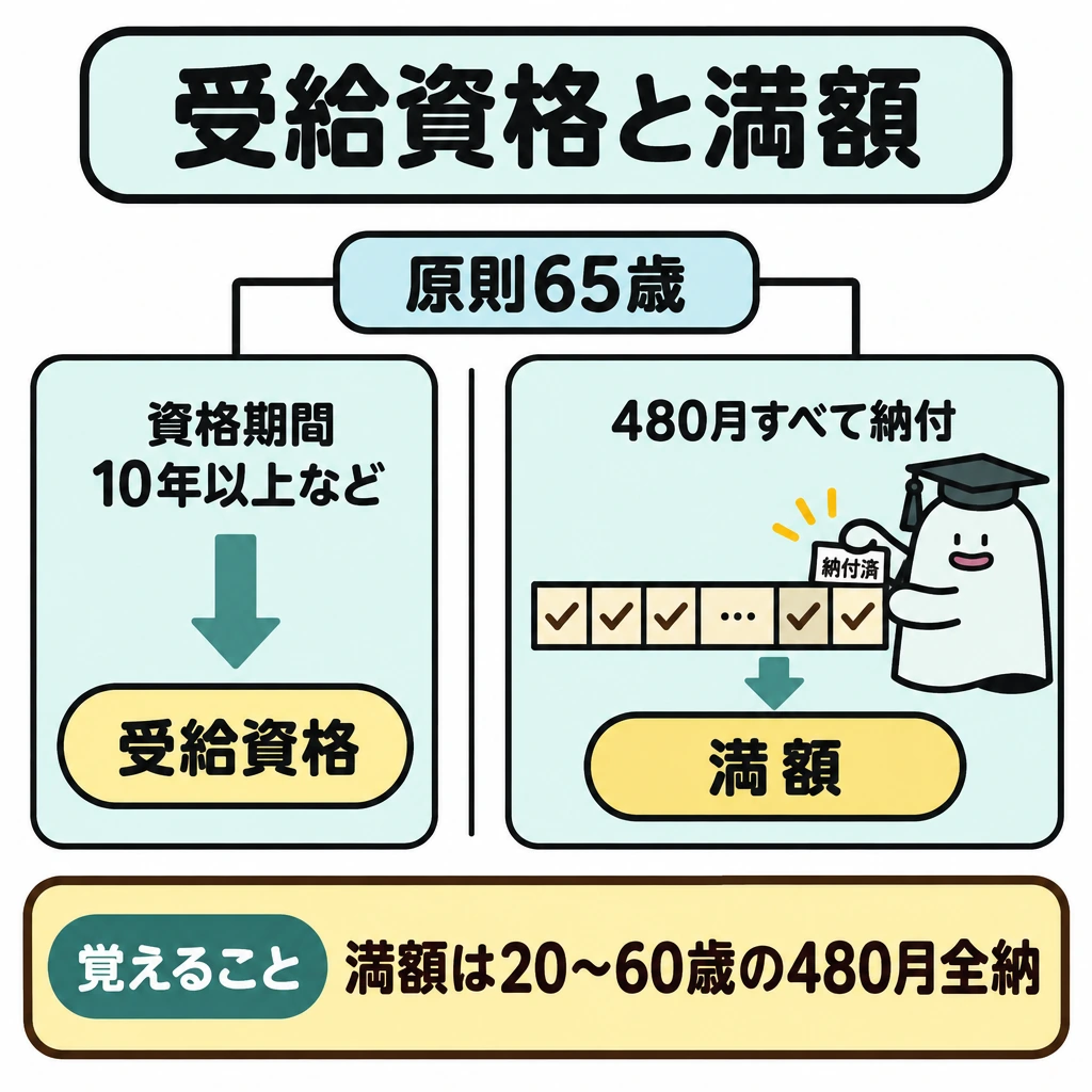 基本の仕組みの図解。上部に共通条件の「原則65歳」を置き、中央を縦線で仕切る。左は「資格期間10年以上など」から「受給資格」へ、右は20歳から60歳までの「480月すべて納付」から「満額」へ矢印で結び、別の条件だと示す。