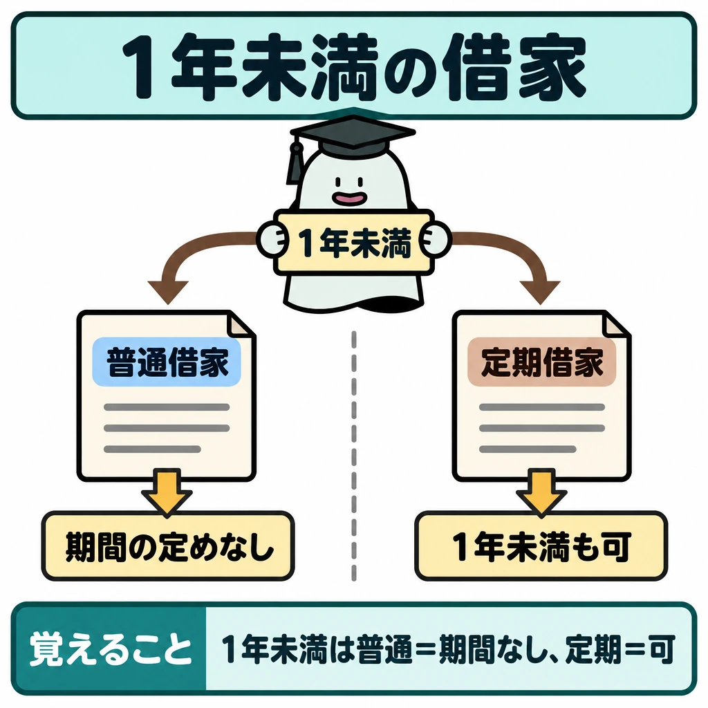 借地と借家の種類を全体で見るの図解。中央上の「1年未満」から左右に矢印を分け、縦の仕切りを挟んで左に普通借家、右に定期借家の契約書を置く。左は「期間の定めなし」、右は「1年未満も可」へ矢印でつなぐ。
