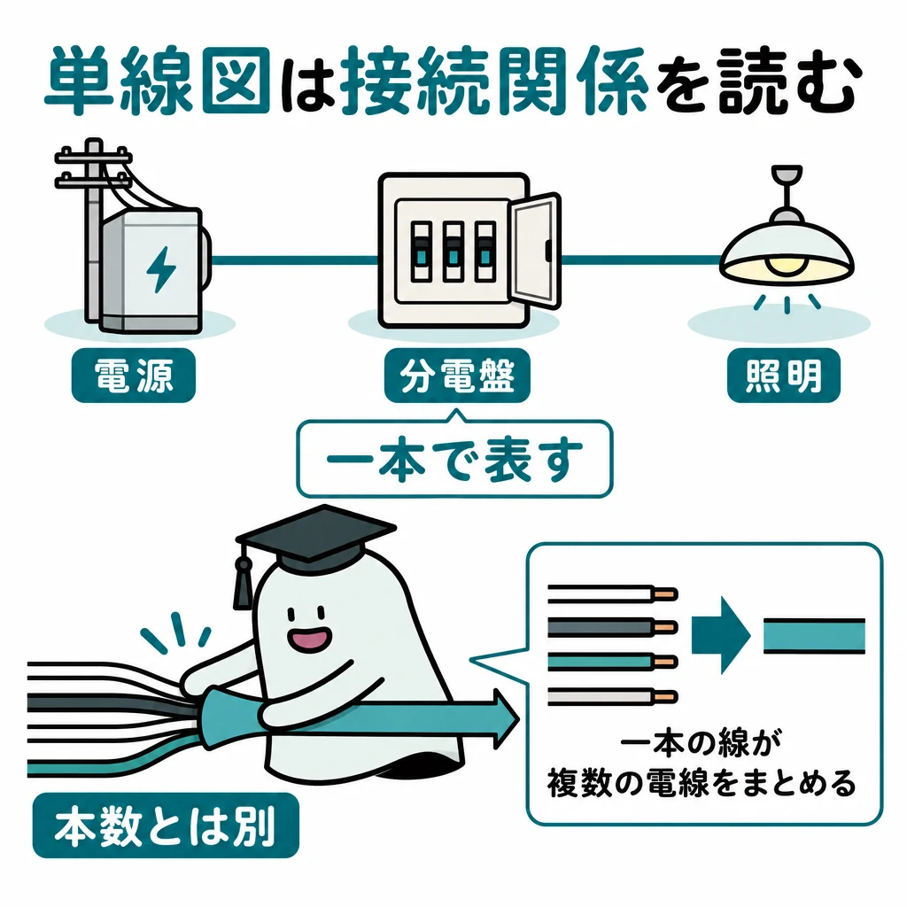 単線図は接続関係を読む。電源・分電盤・照明の三つのまとまりを一本の線で結ぶ概念図。