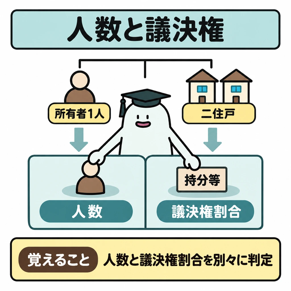 基本の仕組みの図解。上部で所有者1人と二住戸を線でつなぐ。下部を縦線で仕切り、左の「人数」には所有者から、右の「議決権割合」には「持分等」から矢印を伸ばし、別々に判定する構図にする。