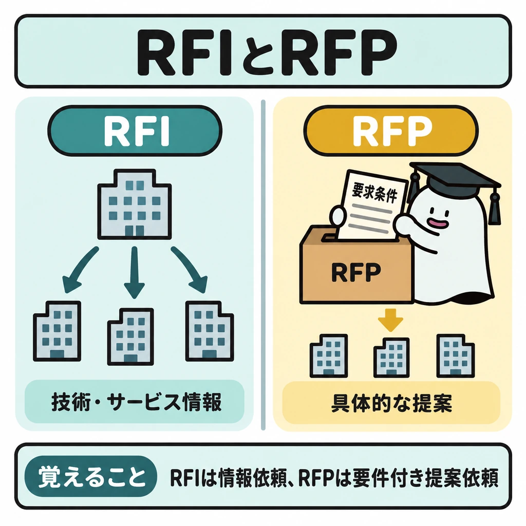 基本の仕組みの図解。画面を縦に二分し、左はRFIの依頼から「技術・サービス情報」を集める矢印、右はRFPで「要求条件」を示し「具体的な提案」を求める矢印を描く。二つを前後の手順としては結ばない。