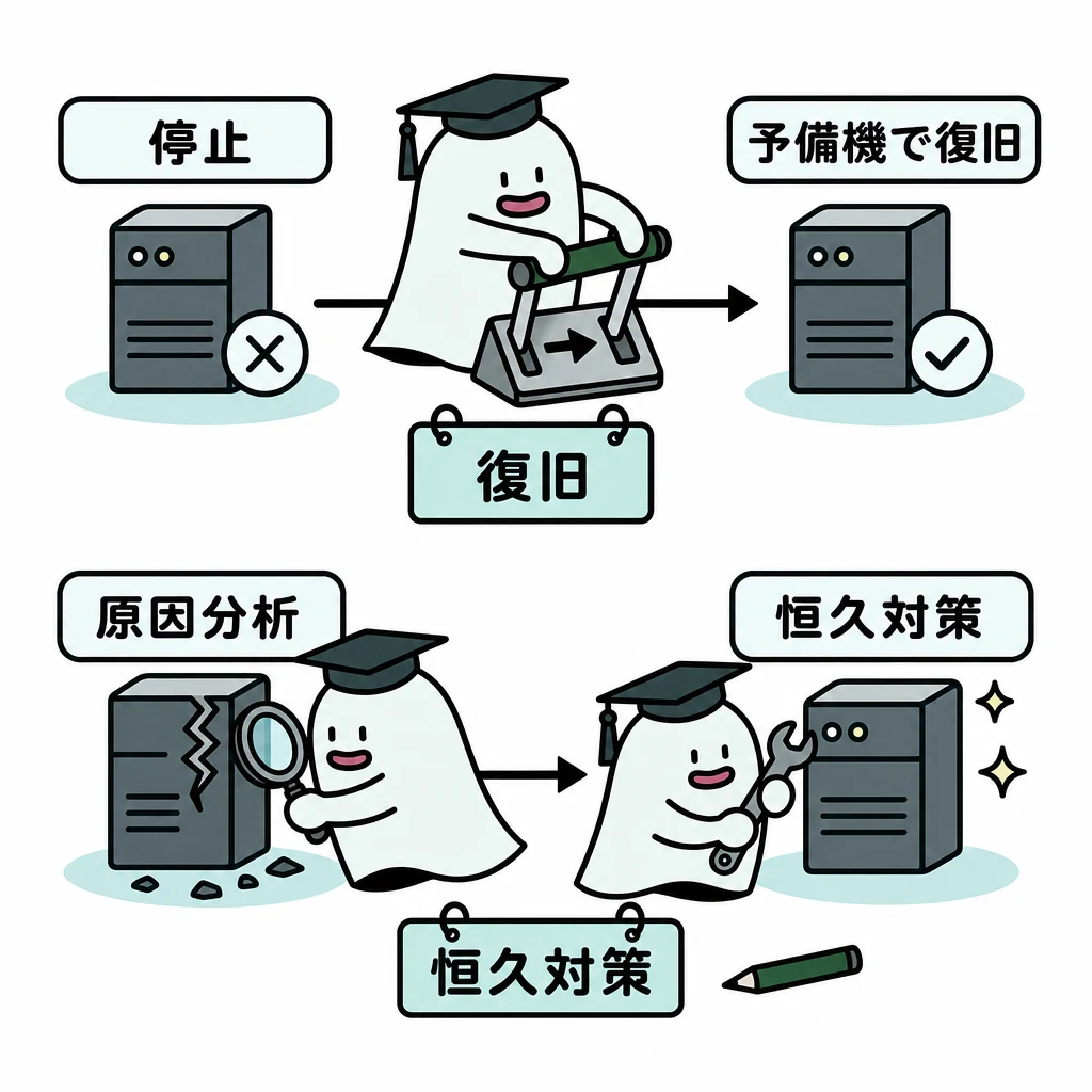 予備機への切替えでサービスを復旧する場面と、原因を調べ恒久対策を行う場面を分けた図。