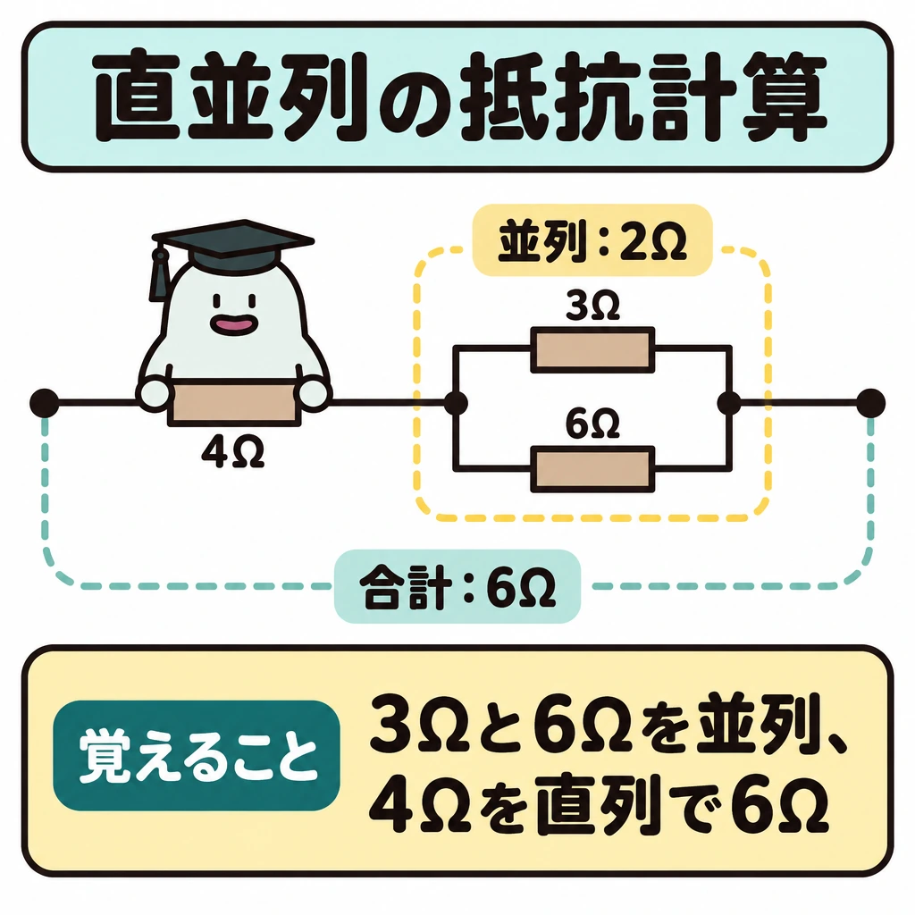 回路計算と電荷の力の図解。左から4Ωの抵抗を通り、上下に分岐した3Ωと6Ωの抵抗を通って右で合流する、1つの回路を描く。並列部分を括って「並列:2Ω」、回路全体を括って「合計:6Ω」と示す。