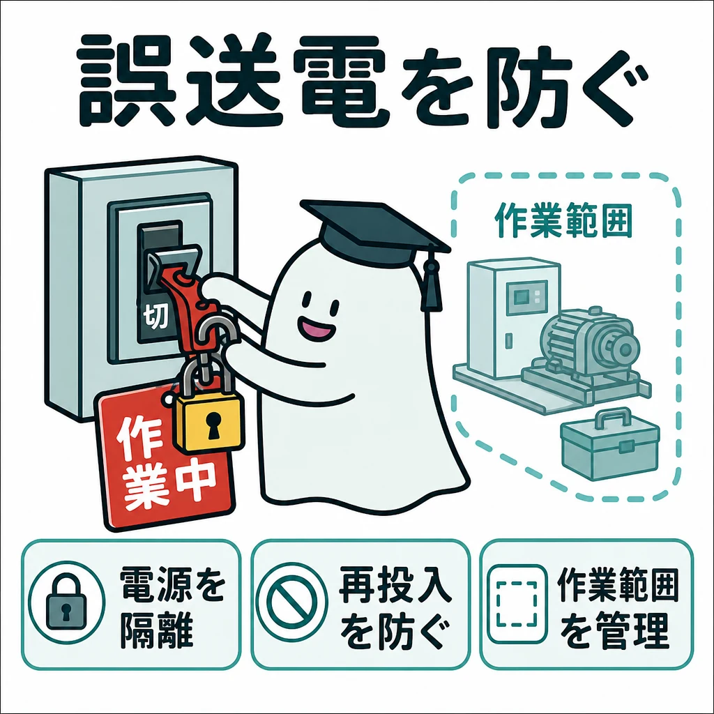 誤送電を防ぐ。切り離された電源スイッチに鍵と大きな作業中表示。