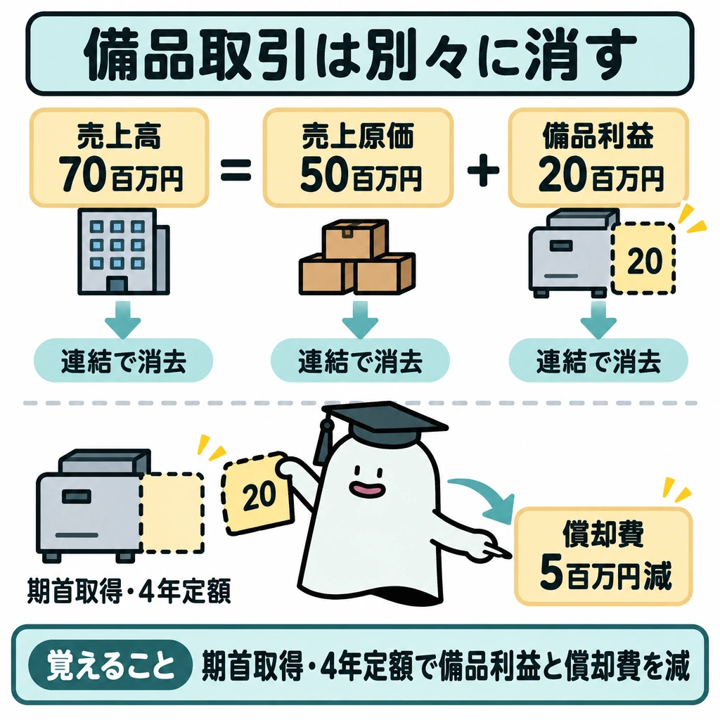 取引と未実現利益の消去を別々に追うの図解。左から「売上高70百万円=売上原価50百万円+備品に残る利益20百万円」と横一列に置き、各項目へ「連結で消去」の矢印を下ろす。備品の利益20百万円から下段の償却費5百万円減へ矢印をつなぎ、取引の消去と償却への影響を仕切り線で分ける。