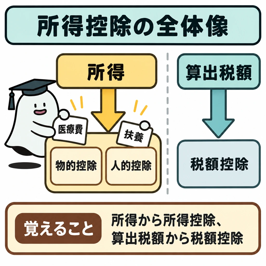 所得控除の全体像の図解。左から右へ「所得→算出税額」の流れを描く。所得側には物的控除・人的控除をまとめて引く下向き矢印、算出税額側には税額控除を直接引く下向き矢印を置き、2つの段階を仕切り線で分ける。