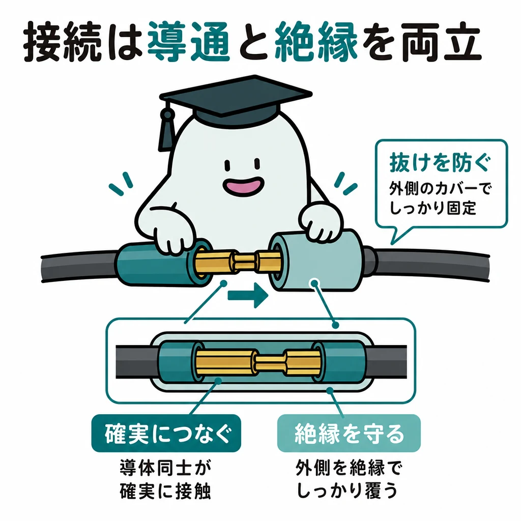 接続は導通と絶縁を両立。一つの電線接続部の拡大断面。