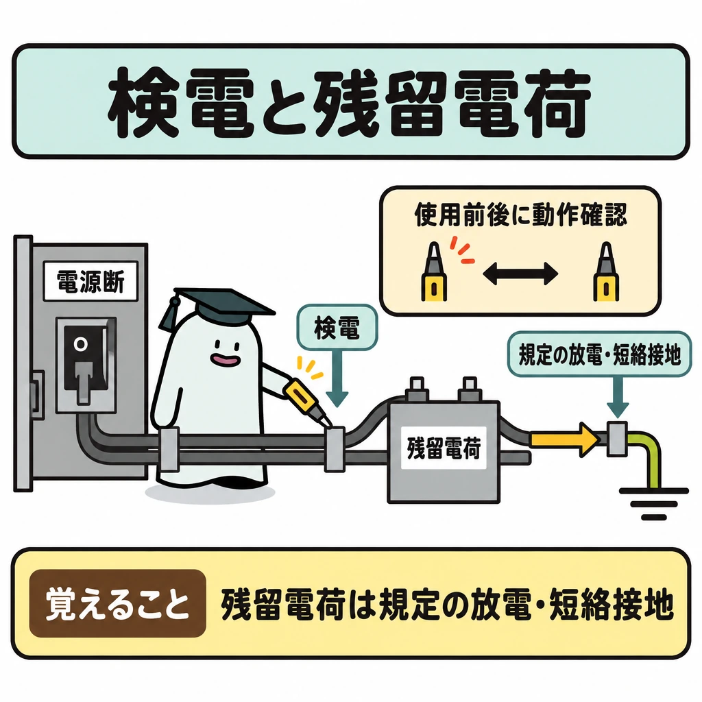 検電と蓄えられた電荷の図解。電源を切ったケーブルとコンデンサを中央に描き、検電箇所から右側の「規定の放電・短絡接地」へ矢印をつなぐ。電圧区分に合う検電器の脇に使用前後の動作確認を示し、検電だけで残留電荷への対応を終えたようには描かない。