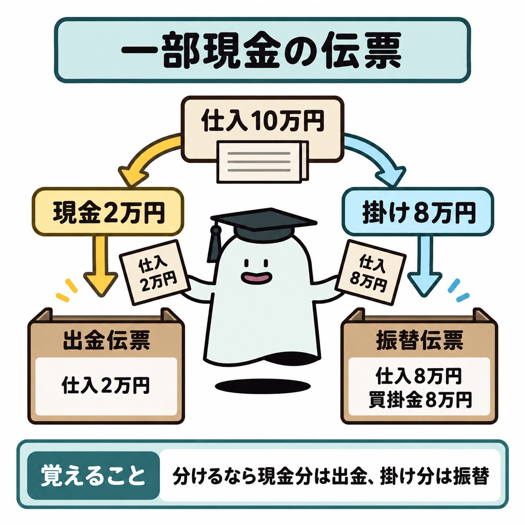 3伝票制と一部現金取引の図解。中央上の「仕入10万円」から矢印を左右に分け、左に現金払い2万円、右に掛け8万円を配置する。左の出金伝票には「仕入2万円」だけ、右の振替伝票には「仕入8万円/買掛金8万円」と記す。