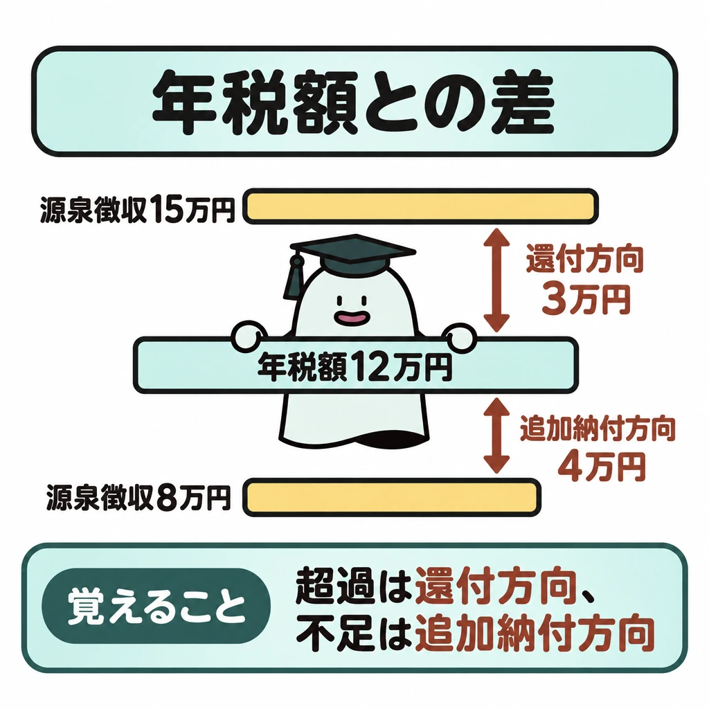 基本の仕組みの図解。中央に「年税額12万円」の基準線を置き、その上下に源泉徴収済み15万円と8万円の金額バーを並べる。15万円から基準線までの差3万円には「還付方向」、基準線から8万円までの差4万円には「追加納付方向」と矢印を付ける。