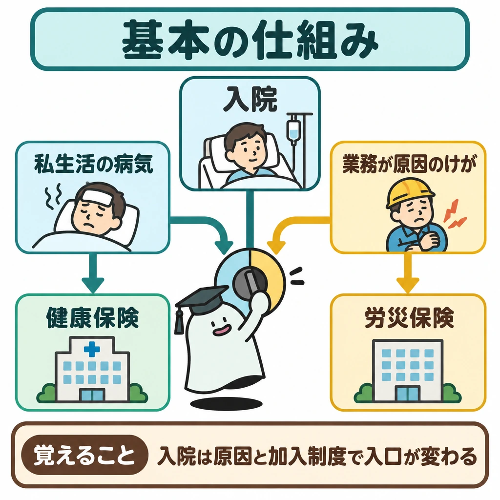基本の仕組みの図解。会社員の「入院」を上部に置き、下へ伸びる線を原因によって左右に分ける。左は「私生活の病気」から「健康保険」へ、右は「業務が原因のけが」から「労災保険」へ矢印でつなぎ、中央の仕切りで別の入口として示す。