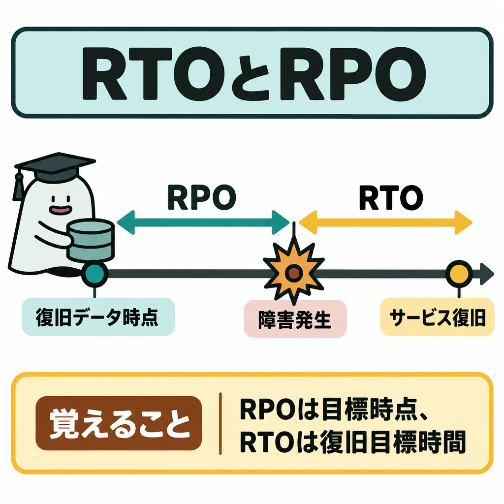 運用管理と事業継続の図解。中央に障害発生を置き、時間軸を左から右へ描く。左の「復旧データ時点」から障害発生までをRPO、障害発生から右の「サービス復旧」までをRTOとして、軸の上下に別々の矢印で示す。
