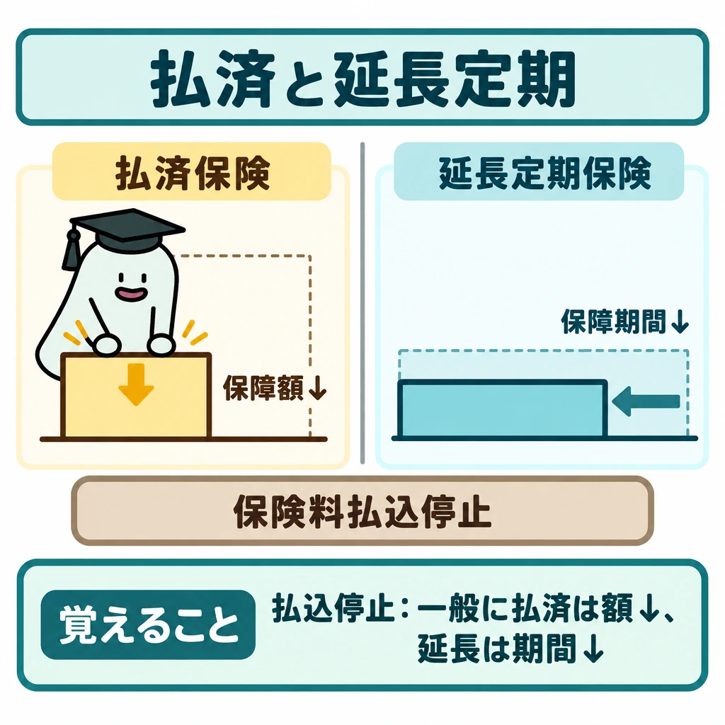 生命保険の種類と見直し手段の図解。中央の縦線で左右に分け、両側に元の保障を同じ大きさの薄い枠で示す。左の払済保険は枠より低い長方形で保障額の低下を、右の延長定期保険は枠より短い長方形で保障期間の短縮を示す。