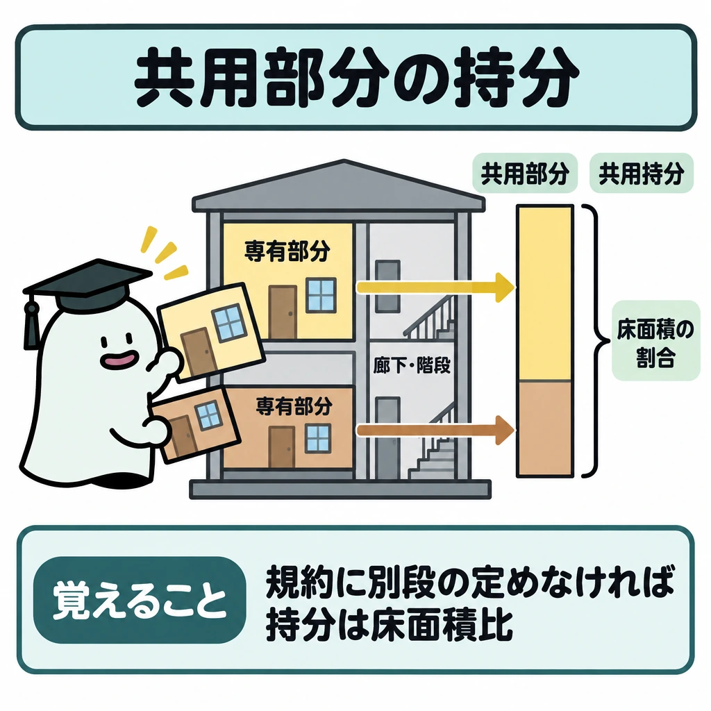 専有部分・共用部分・敷地利用権の図解。中央に床面積の異なる2つの専有部分と共通の廊下・階段を持つ建物の断面を描く。各専有部分から右側の共用持分の帯へ矢印を伸ばし、帯の幅をそれぞれの床面積に対応させる。