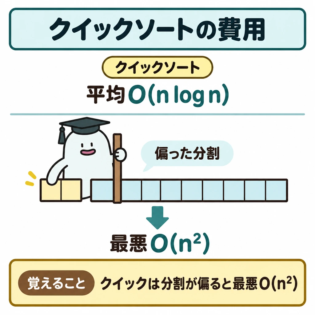 整列・再帰の費用の図解。上段にクイックソートの「平均O(n log n)」を置き、中央には一列の要素を配置する。中央の列を端寄りで分けた偏った分割から、下段の「最悪O(n²)」へ下向き矢印を引き、上段と中央を細線で仕切る。