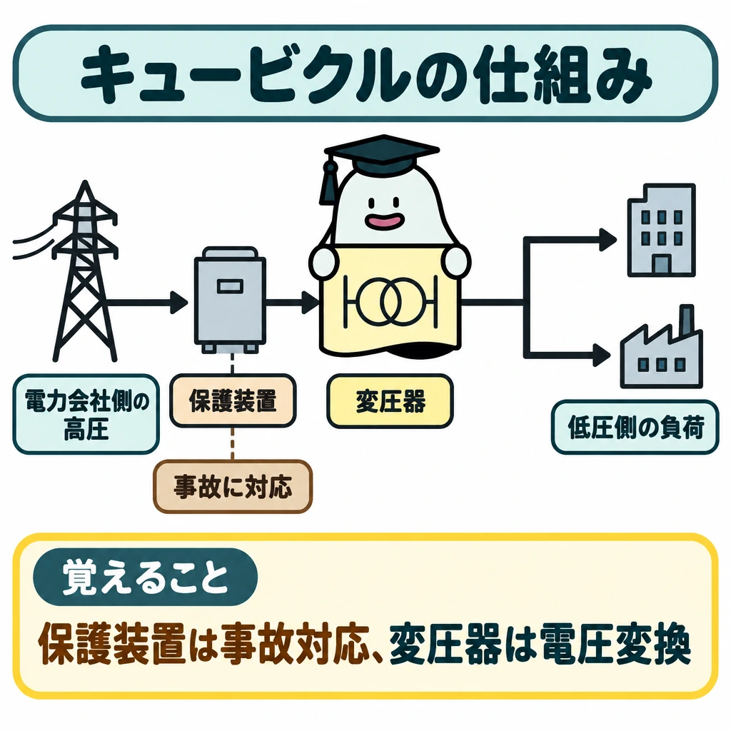基本の仕組みの図解。中央に単線結線図を大きく描き、左の電力会社側の高圧から、保護装置、変圧器、右の低圧側の負荷へ矢印でつなぐ。変圧器の後で線を枝分かれさせ、保護装置は事故に対応し、変圧器は電圧を変える機器として区別する。